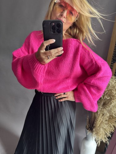 Svetr kratší  s příměsí mohéru-nekouše-růžový neon