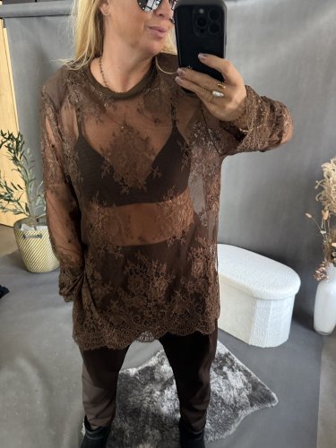 Tričko oversize lase priehľadné-hnedá