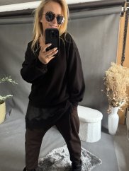 Mikina s výstřihem do V a krajkou-černá