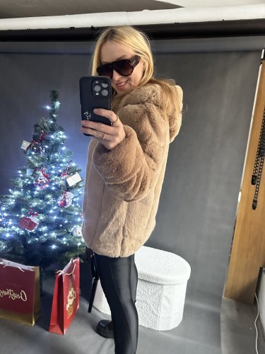 Kožíšek zip-cognac s kapucí
