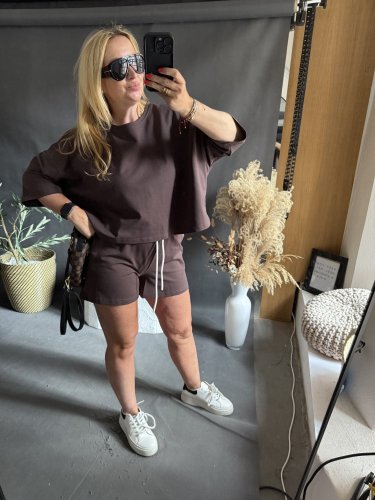 Crop mikina a šortky Gusto-hnedá