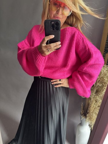 Svetr kratší  s příměsí mohéru-nekouše-růžový neon