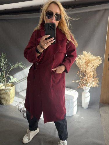 Kabát Sun s páskem-vínový