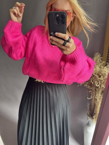 Svetr kratší  s příměsí mohéru-nekouše-růžový neon