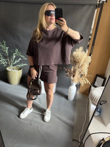 Crop mikina a šortky Gusto-hnedá