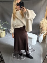 Saténová sukně Amber s krajkou hnědá