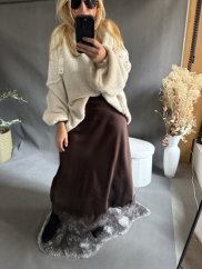 Saténová sukňa Amber s čipkou hnedá